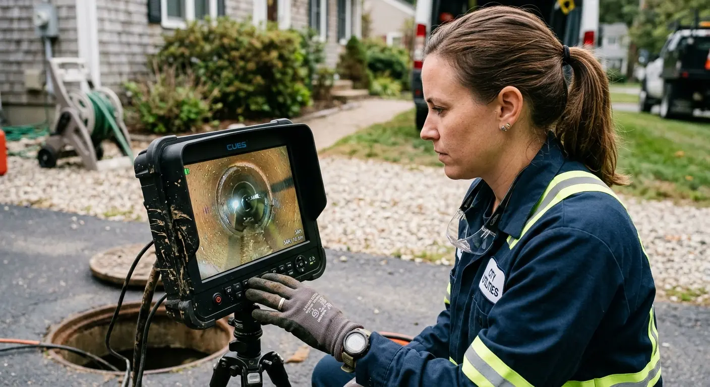 Technician reviewing sewer camera inspection footage in Peters