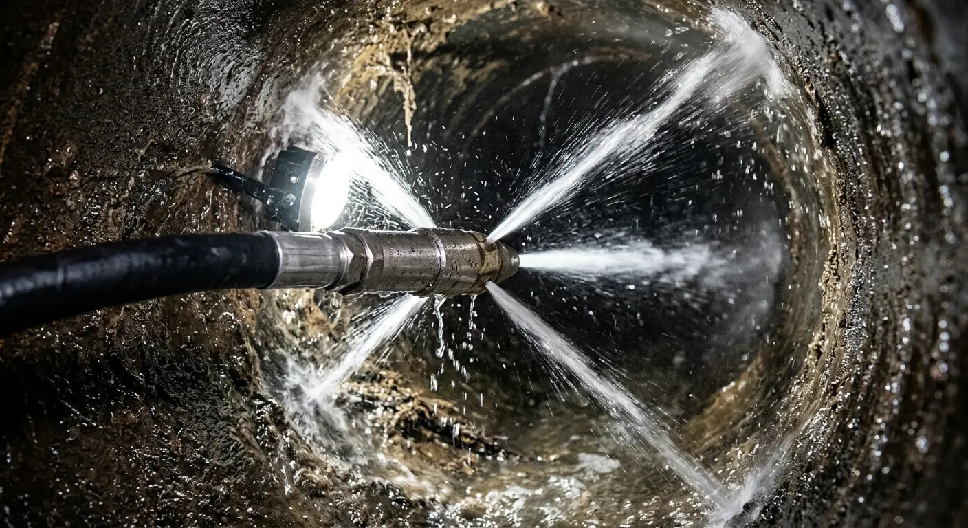High-pressure hydro jetting nozzle cleaning sewer pipe for Emergency Drain Service in Peters