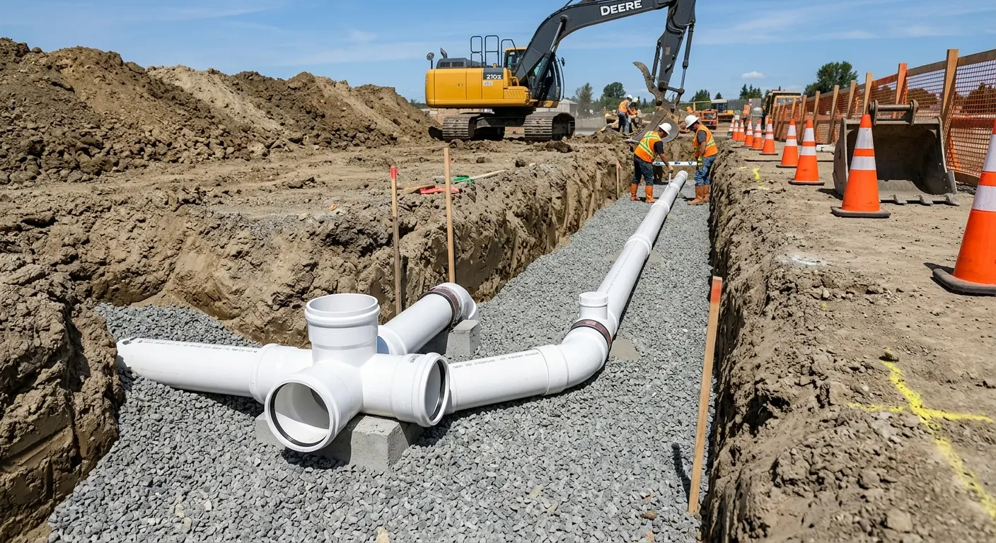 New PVC sewer pipe installation in open trench for Commercial Drain Cleaning in Peters