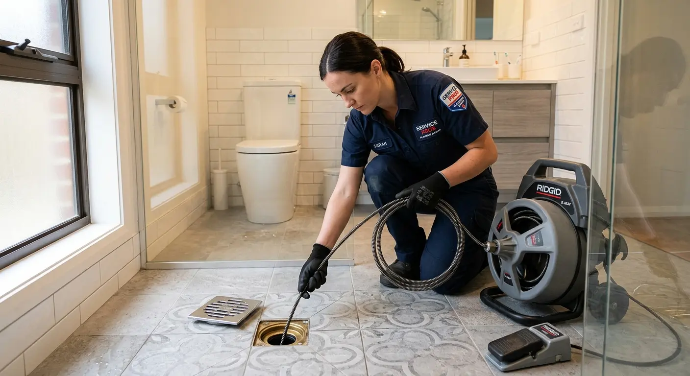 Technician clearing a bathroom floor drain for Sewer Line Installation in Peters
